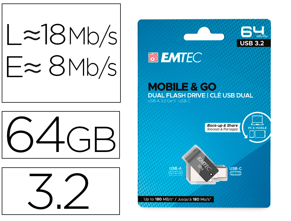 MEMORIA EMTEC USB 3.2 DUAL MOBILE &amp; GO TYPE-C /USB 64 GB