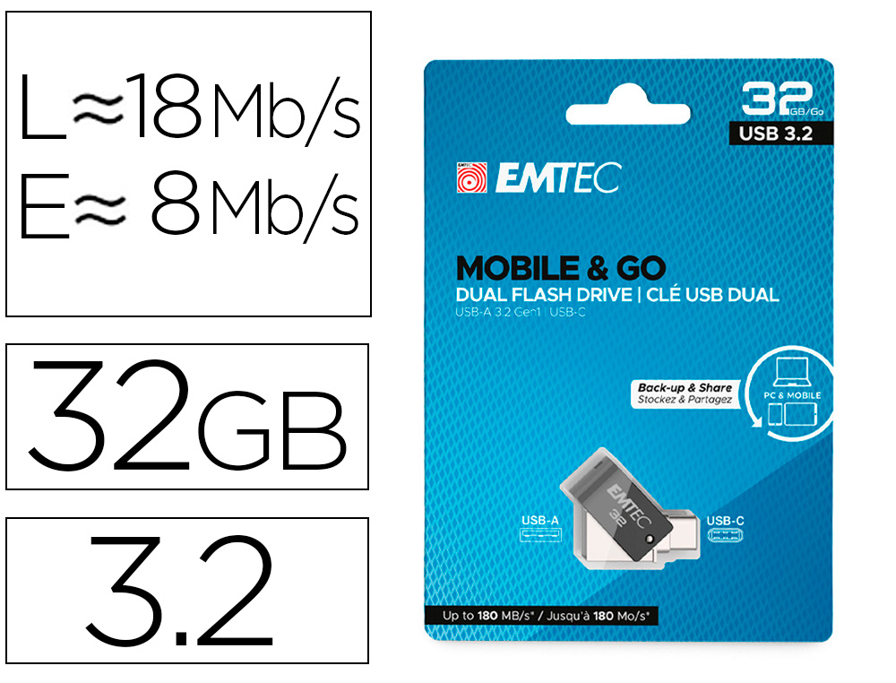 MEMORIA EMTEC USB 3.2 DUAL MOBILE &amp; GO TYPE-C /USB 32 GB