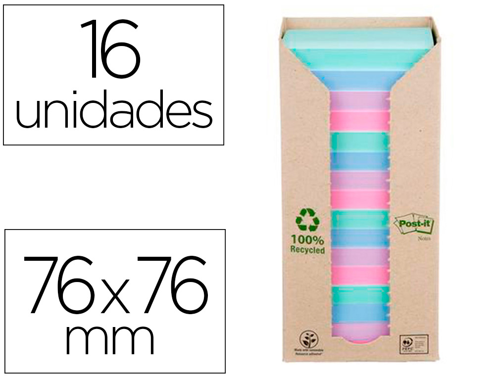 BLOC DE NOTAS ADHESIVAS QUITA Y PON POST-IT 76X76 MM 100% RECICLADO PEFC EN TORRE PACK DE 16 UNIDADES COLORES