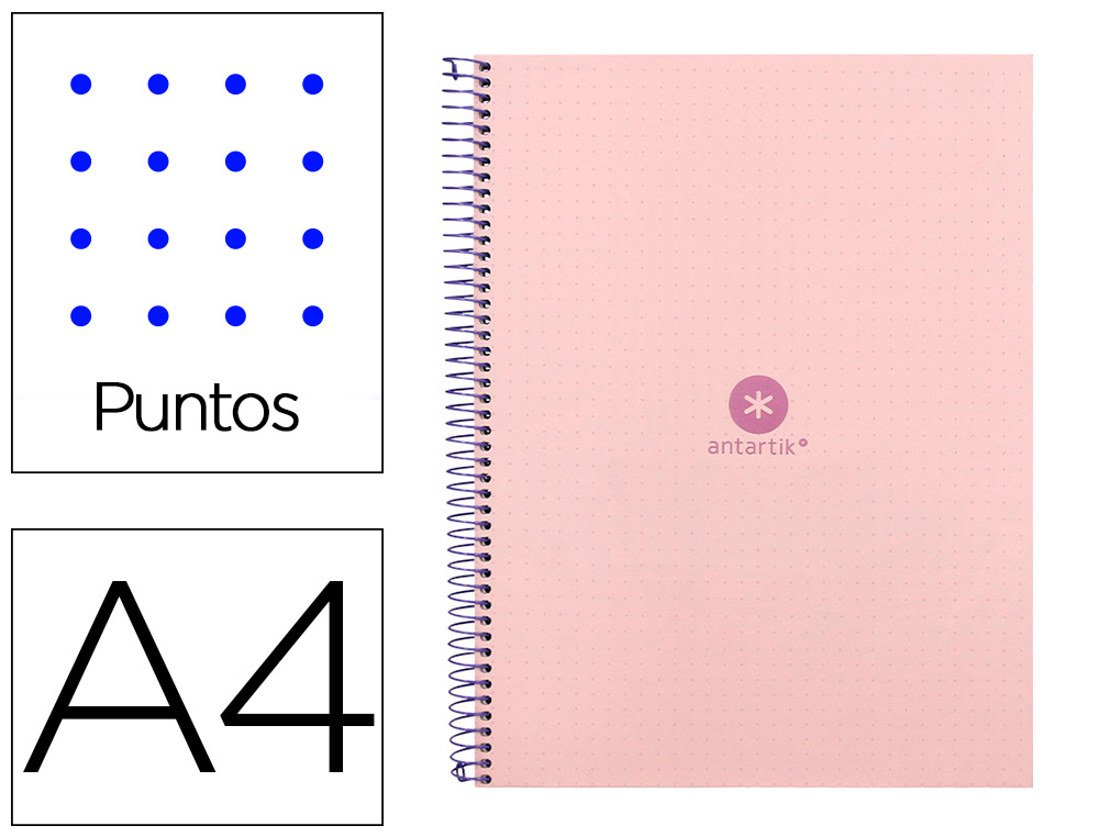 CUADERNO ESPIRAL A4 MICRO ANTARTIK DOTS TAPA FORRADA 80H 90 GR RAYADO PUNTOS 1 BANDA 4 TALADROS ROSA
