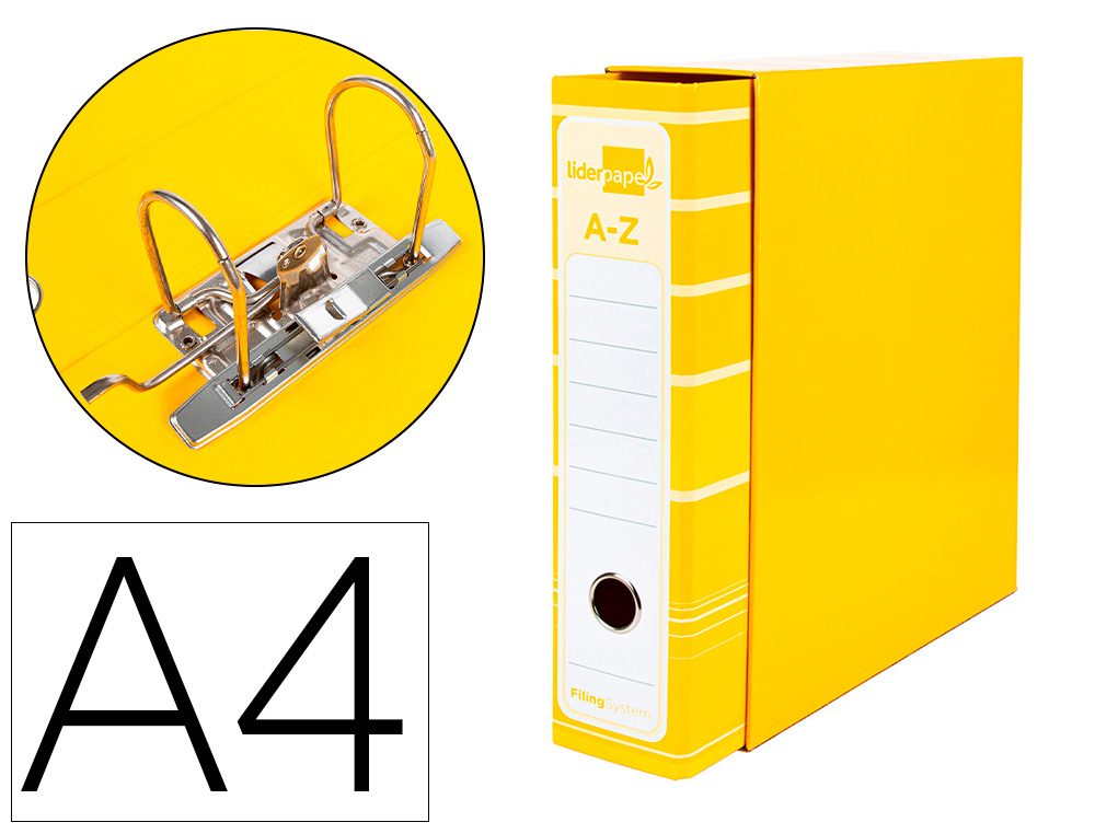 ARCHIVADOR DE PALANCA LIDERPAPEL A4 FILING SYSTEM FORRADO SIN RADO LOMO 80MM AMARILLO CON CAJA Y COMPRESOR METAL