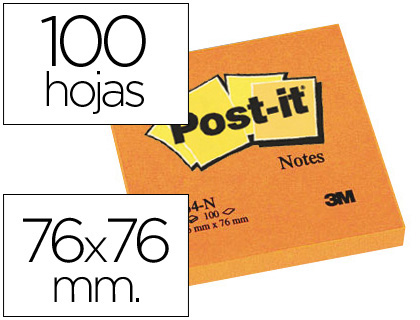 BLOC DE NOTAS ADHESIVAS QUITA Y PON POST-IT 76X76 MM NARANJA NEON CON 100 HOJAS