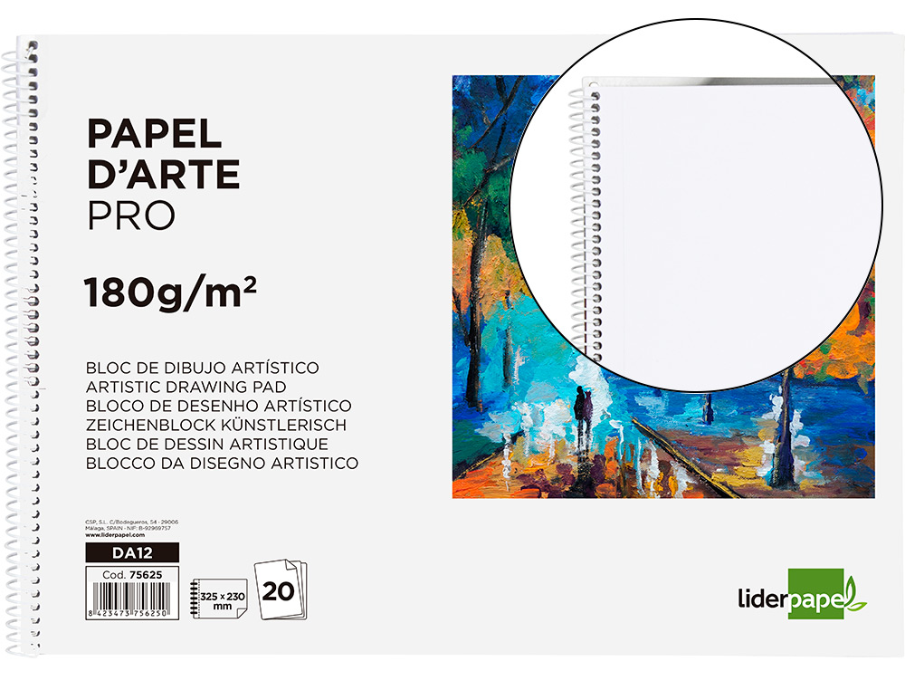 BLOC DIBUJO LIDERPAPEL ARTISTICO ESPIRAL 230X325MM 20 HOJAS 180G/M2 SIN RECUADRO PERFORADO