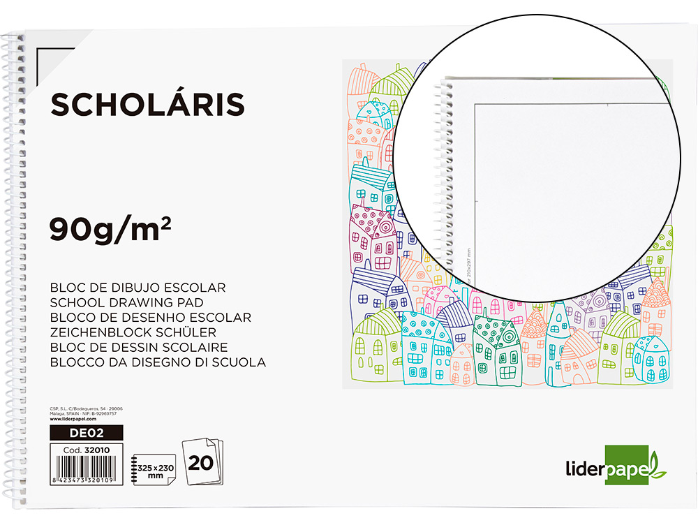 BLOC DIBUJO LIDERPAPEL ESCOLAR ESPIRAL 230X325MM 20 HOJAS 90 GR/M2 CON RECUADRO