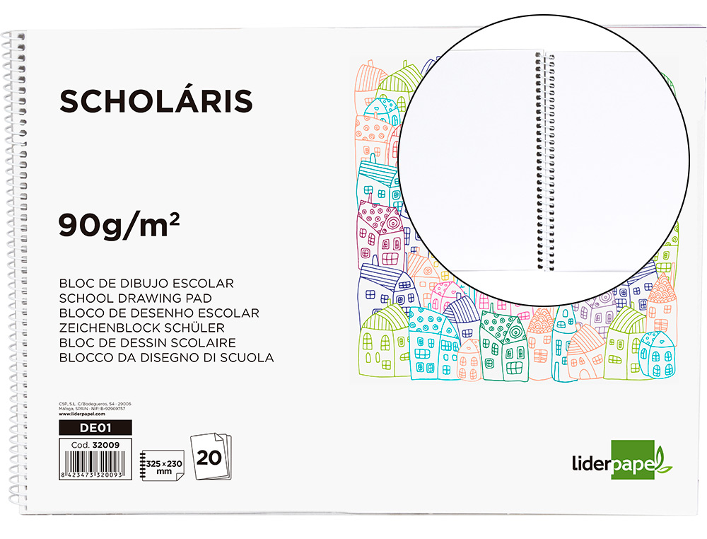 BLOC DIBUJO LIDERPAPEL ESCOLAR ESPIRAL 230X325MM 20 HOJAS 90 GR/M2 SIN RECUADRO