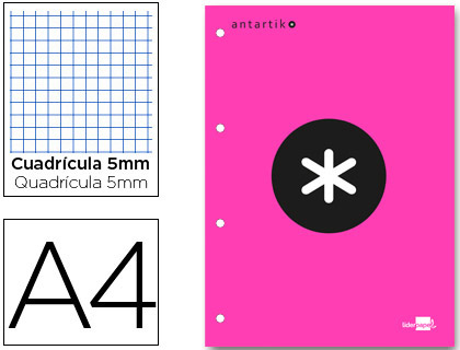 BLOC ENCOLADO LIDERPAPEL ANTARTIK CUADRO 5 MM A4 NATURAL 80 H 100 GR COLOR ROSA
