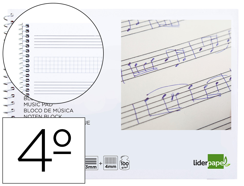 BLOC MUSICA LIDERPAPEL COMBI PENTAGRAMA 3MM MAS CUADRICULA DE 4MM PARA ANOTACIONES CUARTO20 HOJAS 100G/M2