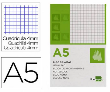 BLOC NOTAS LIDERPAPEL CUADRO 4MM A5 80 HOJAS 60G/M2 PERFORADO