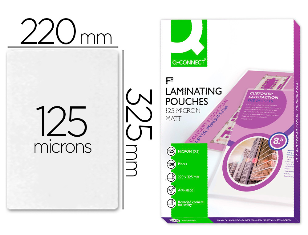 BOLSA DE PLASTIFICAR Q-CONNECT 325 X 220 MM 125 MC FOLIO CAJA DE 100 UNIDADES