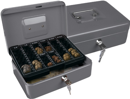 CAJA CAUDALES Q-CONNECT 10\&quot; 250X180X90 MM PLATA CON PORTAMONEDAS