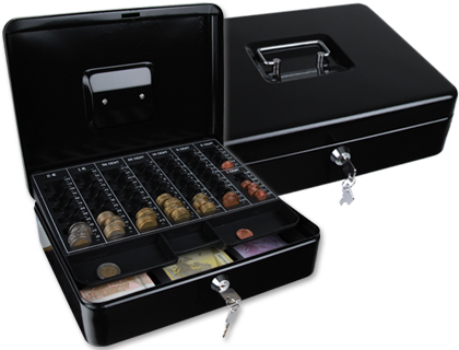 CAJA CAUDALES Q-CONNECT 12\&quot; 300X240X90 MM NEGRA CON PORTAMONEDAS