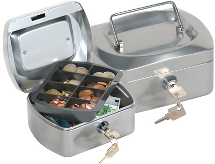 CAJA CAUDALES Q-CONNECT 6\&quot; 152X115X80 MM PLATA CON PORTAMONEDAS