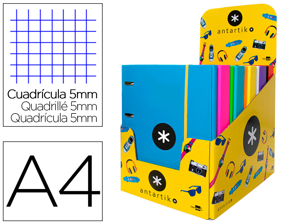 CARPETA CON RECAMBIO ANTARTIK A4 CUADRO 5MM FORRADA 4 ANILLAS 25MM REDONDAS COLORES SURTIDOS