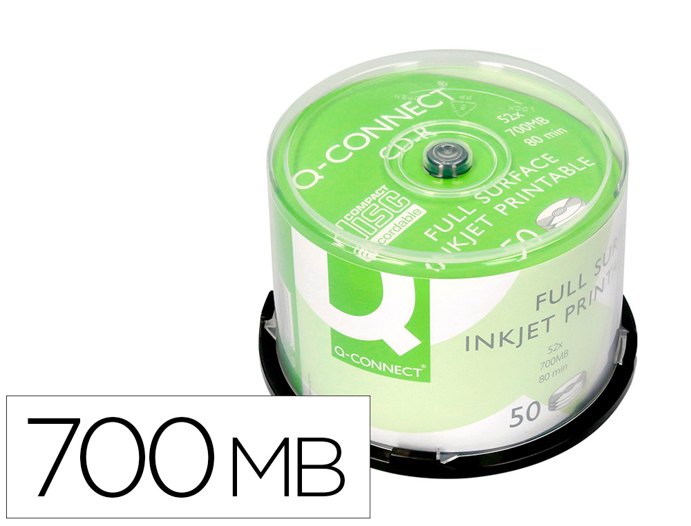 CD-R Q-CONNECT CON SUPERFICIE 100% IMPRIMIBLE PARA INKJET CAPACIDAD 700MB DURACION 80MINVELOCIDAD 52X BOTE DE 50 UNID