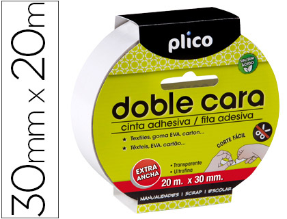 CINTA ADHESIVA PLICO DOBLE CARA 20 MT X 30 MM
