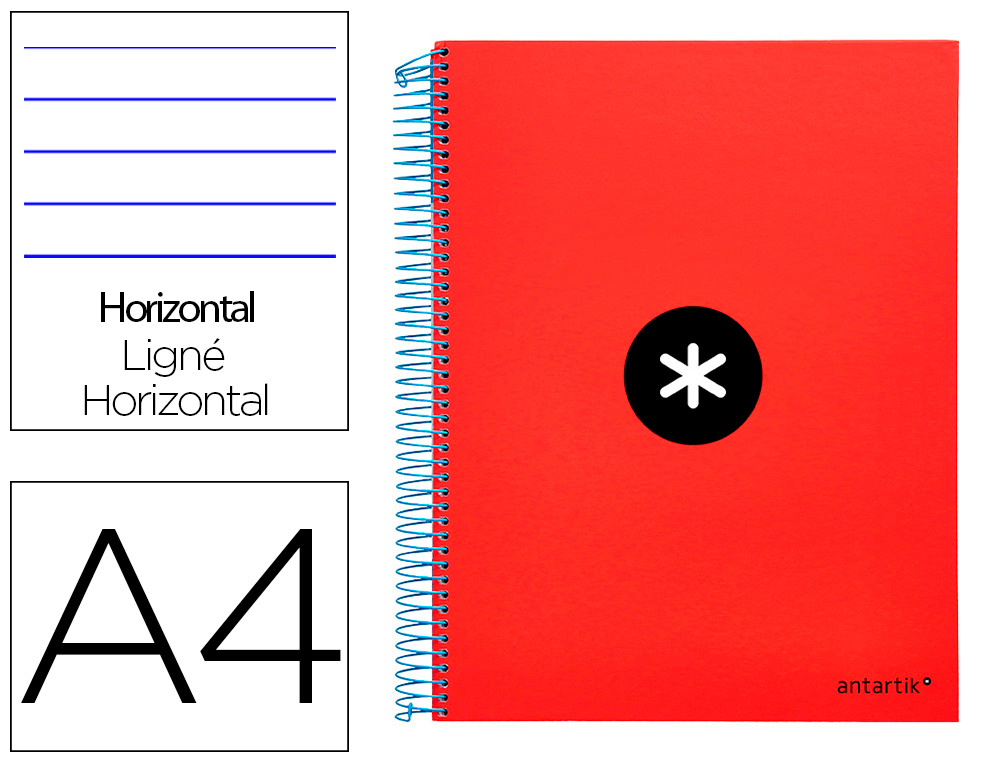 CUADERNO ESPIRAL A4 MICRO ANTARTIK TAPA FORRADA 120H 90 GR HORIZONTAL 5 BANDAS 4 TALADROS COLOR ROJO