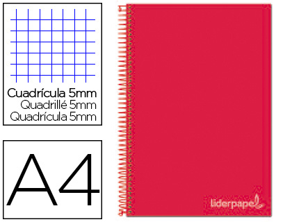 CUADERNO ESPIRAL LIDERPAPEL A4 MICRO JOLLY TAPA FORRADA 140H 75 GR CUADRO 5MM 5 BANDAS 4 TALADROS COLOR ROJO