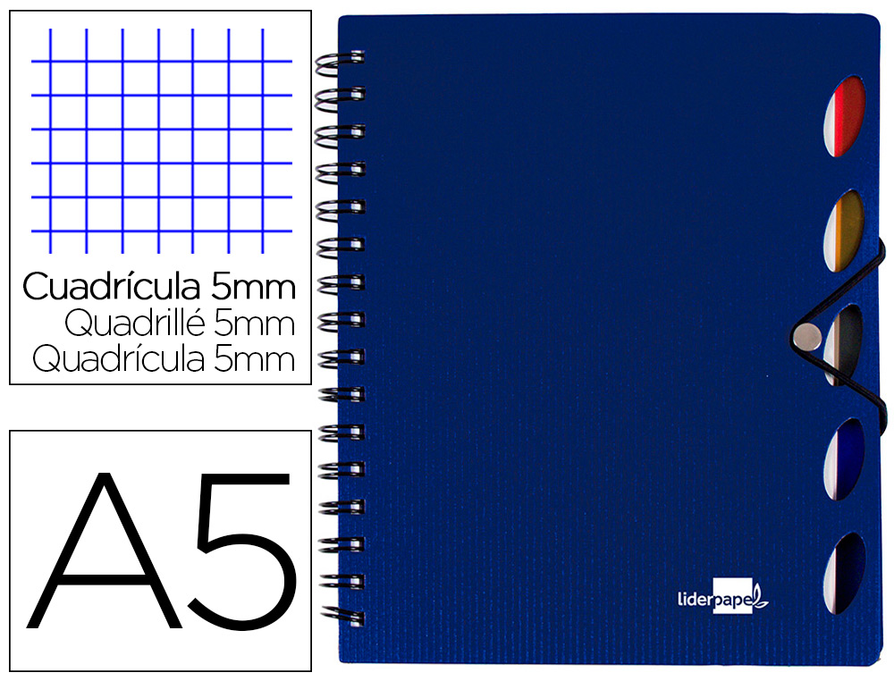 CUADERNO ESPIRAL LIDERPAPEL A5 MICRO EXECUTIVE TAPA PLASTICO 100H 80 GR CUADRO 5MM 5 SEPARADORES CON GOMILLA AZUL