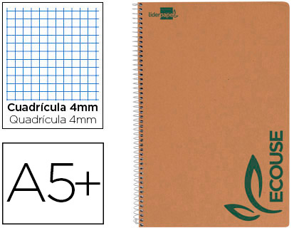 CUADERNO ESPIRAL LIDERPAPEL CUARTO ECOUSE TAPA CARTULINA KRAFT 80H PAPEL RECICLADO 80 GRCUADRO 4MM