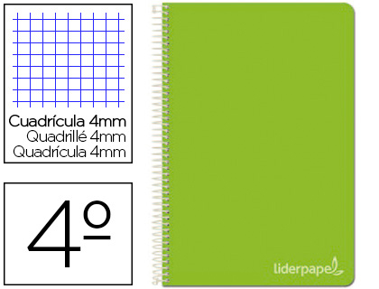 CUADERNO ESPIRAL LIDERPAPEL CUARTO WITTY TAPA DURA 80H 75GR CUADRO 4MM CON MARGEN COLOR VERDE