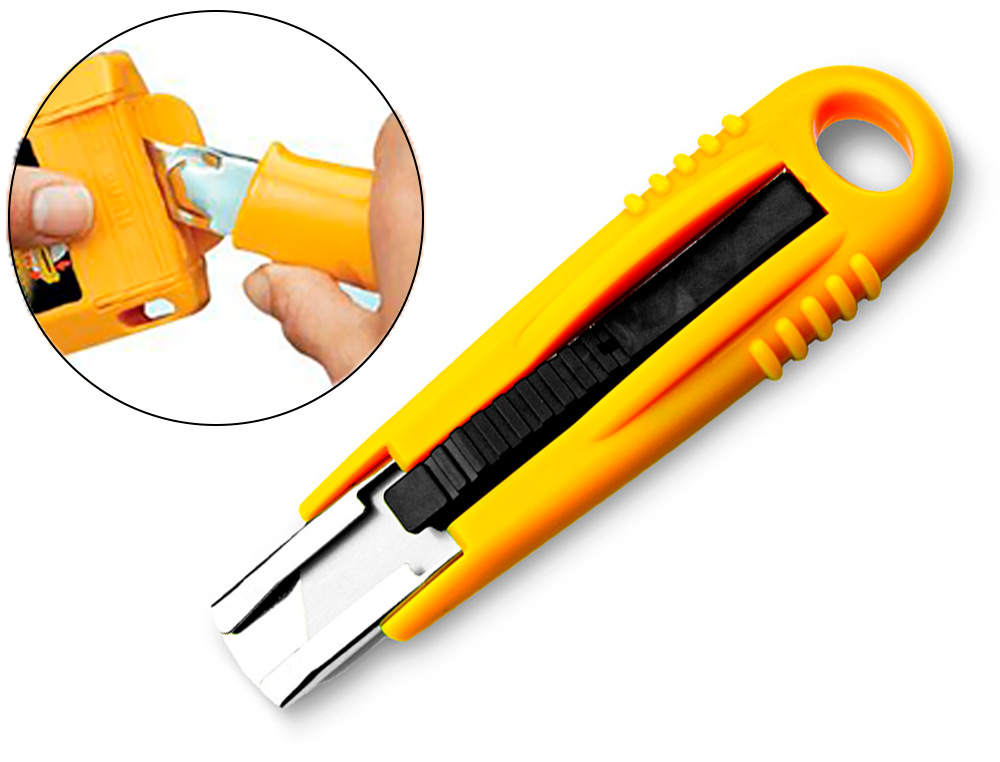 CUTER Q-CONNECT PLASTICO ANCHO DE SEGURIDAD RETRACTIL Y CON ASA PARA COLGAR CUCHILLA 18 MM XD-123 BLISTER 1 UNIDAD