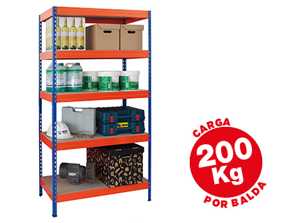 ESTANTERIA METALICA AR STORAGE 180X90X45 CM 5 ESTANTES 200KG POR ESTANTE BANDEJAS DE MADERASIN TORNILLOS AZUL NARANJA