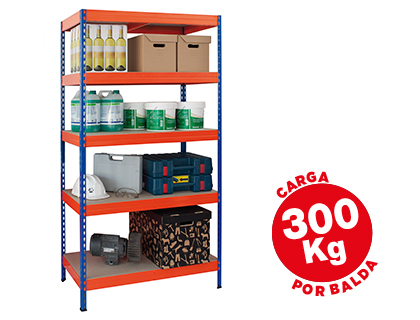 ESTANTERIA METALICA AR STORAGE 192X100X50CM 5 ESTANTES 300KG POR ESTANTE BANDEJAS DE MADERA SIN TORNILLOS AZUL/NARANJA