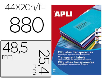 ETIQUETA ADHESIVA APLI TRANSPARENTE 48,5X25,4 MM FOTOCOPIA LASER INKJET CAJA 20 HOJAS DIN A4 CON 880
