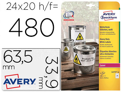 ETIQUETA ADHESIVA RESISTENTE AVERY POLIESTER BLANCO 3,9 MM 63,5X33,9 MM LASER PACK DE 480UNIDADES