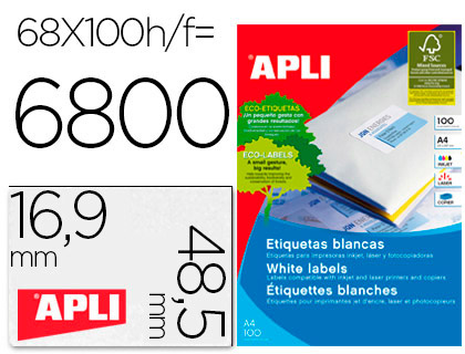 ETIQUETAS ADHESIVAS APLI 01282 TAMAÑO 48,5X16,9 MM PARA FOTOCOPIADORA LASER INK-JET CAJA DE 100H DINA4 6800 ETIQU