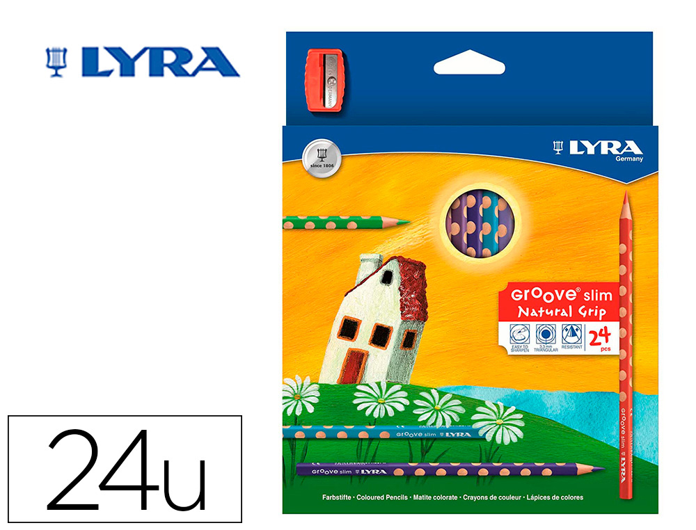 LAPICES DE COLORES LYRA GROOVE SLIM TRIANGULAR MINAS DE 3,3 MM CAJA DE 24 COLORES + SACAPUNTAS