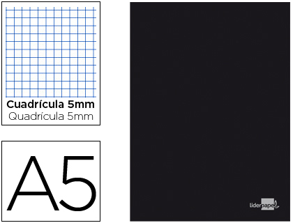 LIBRETA LIDERPAPEL TAPA NEGRA A5 80 HOJAS 60G/M2 CUADRO 5MM CON DOBLE MARGEN