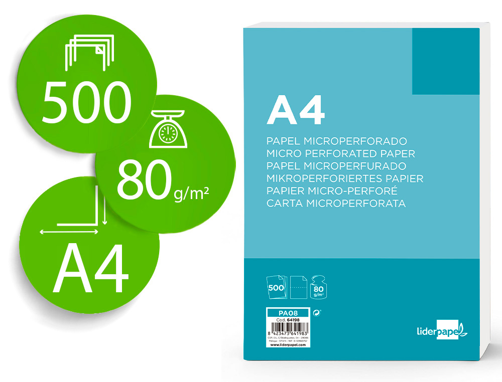 PAPEL LIDERPAPEL A4 80G/M2 LISO MICROPERFORADO EN DOS PARTES IGUALES PAQUETE DE 500 HOJAS FSC