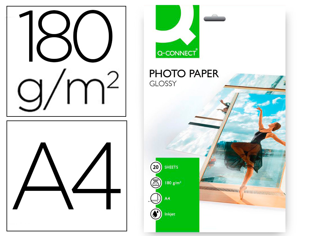 PAPEL Q-CONNECT FOTO GLOSSY KF01103 DIN A4 DIGITAL PHOTO PARA INK-JET BOLSA DE 20 HOJAS DE 180 GR