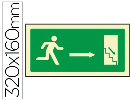 PICTOGRAMA SYSSA SEÑAL DE SALIDA EMERGENCIA DERECHA BAJANDO EN PVC FOTOLUMINISCENTE 320X160 MM