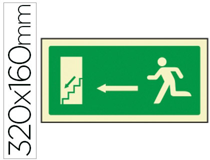 PICTOGRAMA SYSSA SEÑAL DE SALIDA EMERGENCIA IZQUIERDA ESCALERA BAJANDO EN PVC FOTOLUMINISCENTE 320X160 MM