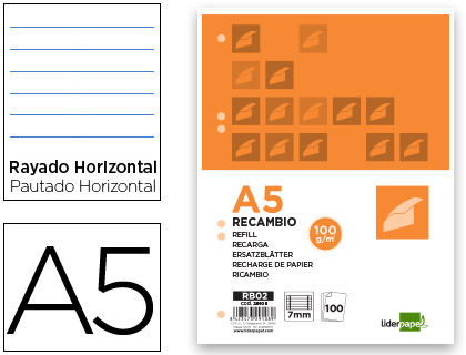RECAMBIO LIDERPAPEL A5 100 H 100G/M2 HORIZONTAL DOBLE MARGEN 6 TALADROS