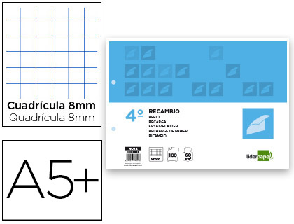 RECAMBIO LIDERPAPEL CUARTO APAISADO 100 H 2TCA-08 CUADRO 8 MM 2 TALADROS CON MARGEN