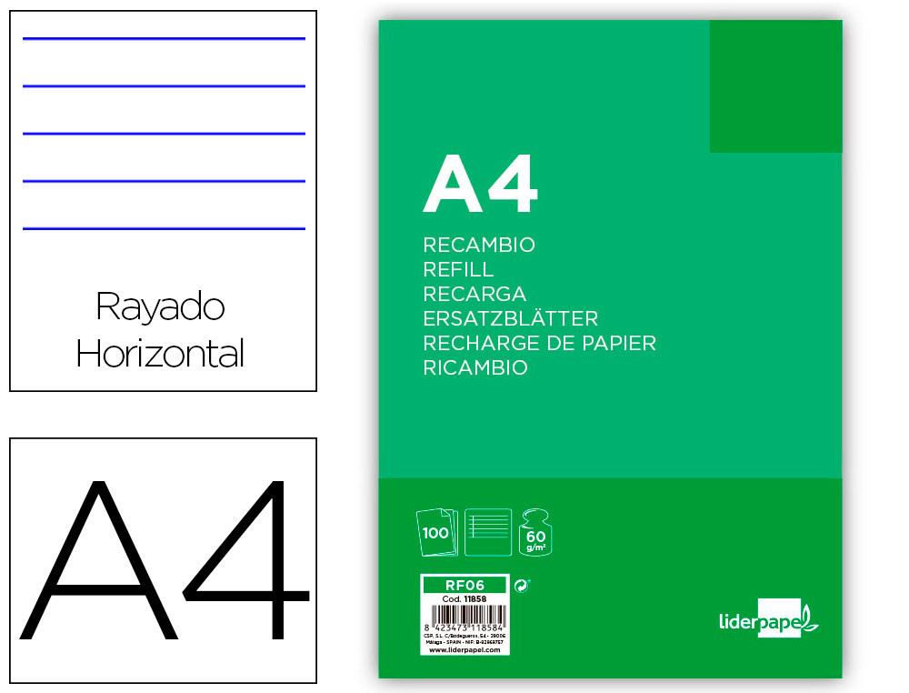 RECAMBIO LIDERPAPEL FOLIO 100 HOJAS 60G/M2HORIZONTAL CON MARGEN 4 TALADROS