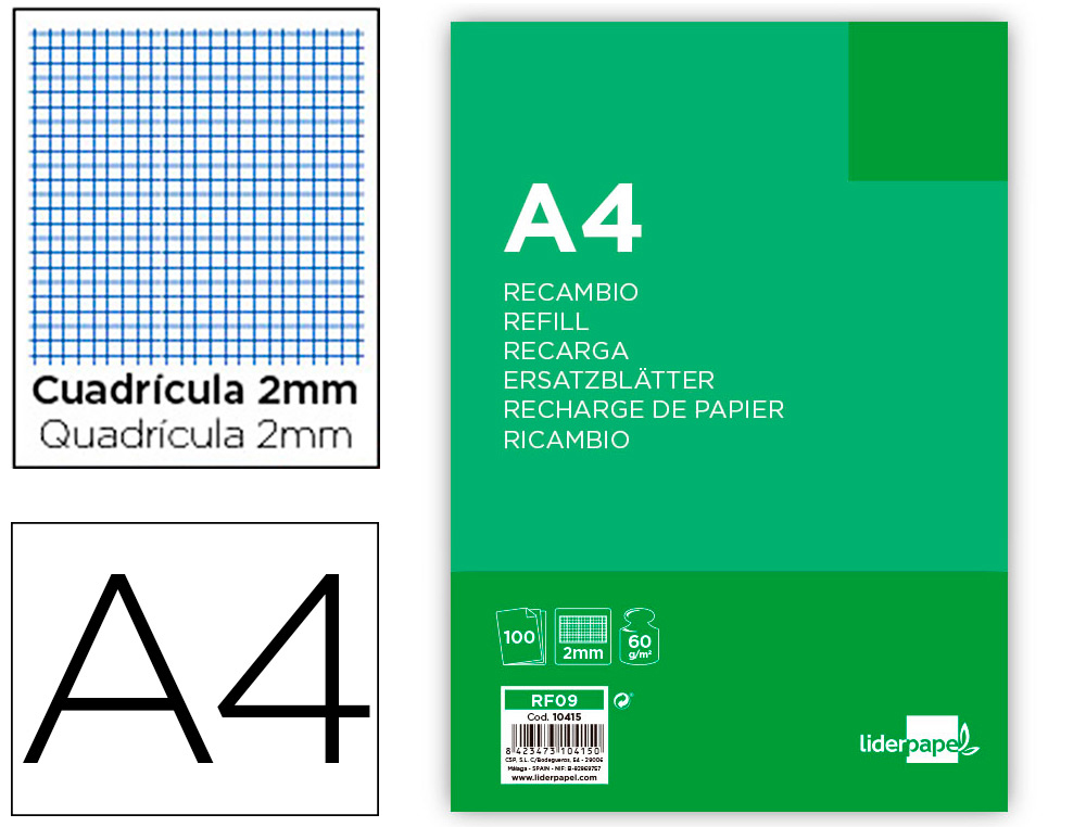 RECAMBIO LIDERPAPEL FOLIO 100 HOJAS 60G/M2MILIMETRADO SIN MARGEN 4 TALADROS