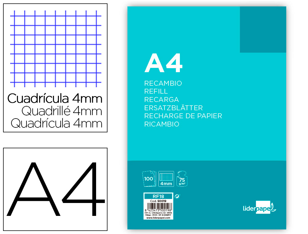 RECAMBIO LIDERPAPEL FOLIO 100 HOJAS 80G/M2 CUADRO 4MM CON MARGEN 4 TALADROS