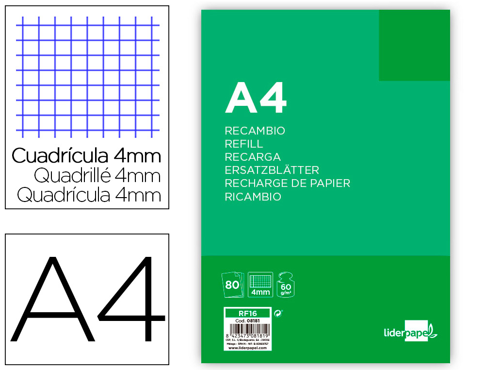 RECAMBIO LIDERPAPEL FOLIO 80 H 4TF-01-8 CUADRO 4 MM 4 TALADROS CON MARGEN