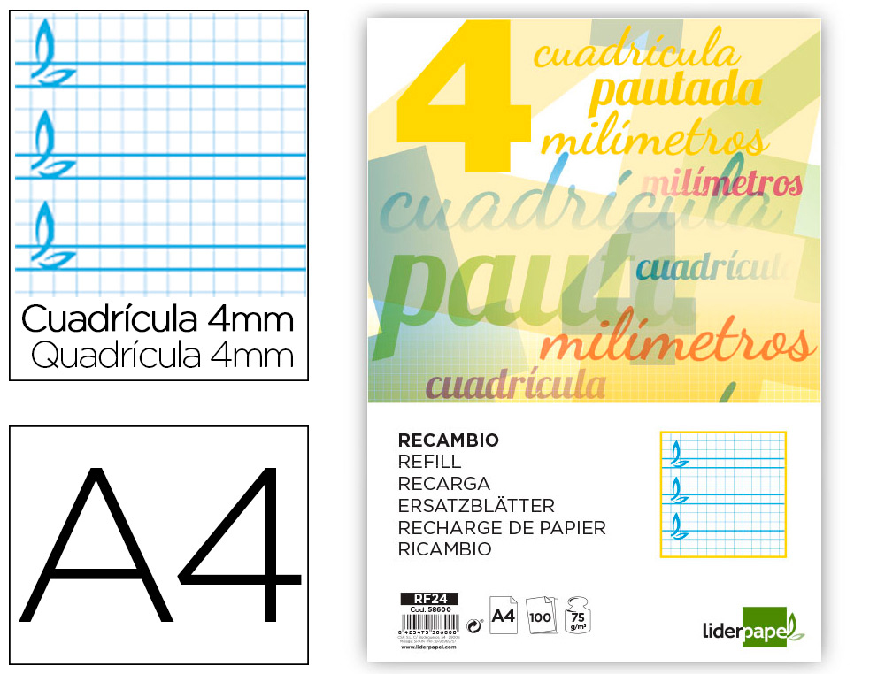RECAMBIO LIDERPAPEL A4 PAUTAGUIA 100 HOJAS 75 G CUADRICULADO PAUTADO 4 MM CON MARGEN 4 TALADROS