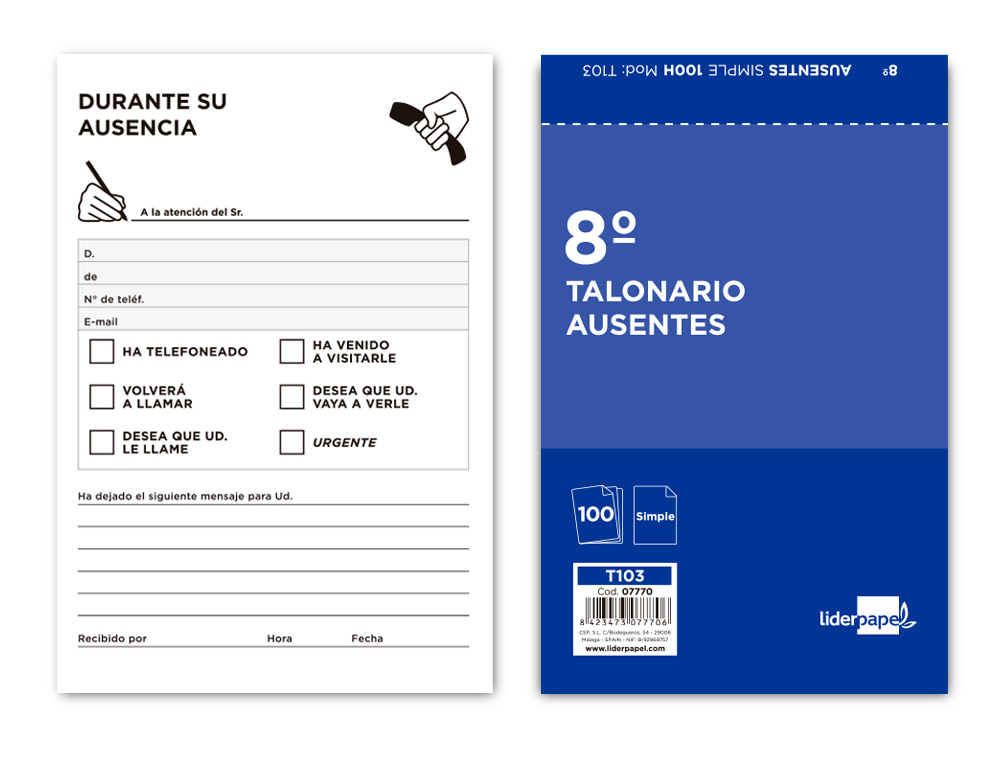 TALONARIO LIDERPAPEL AUSENTES OCTAVO ORIGINAL 103