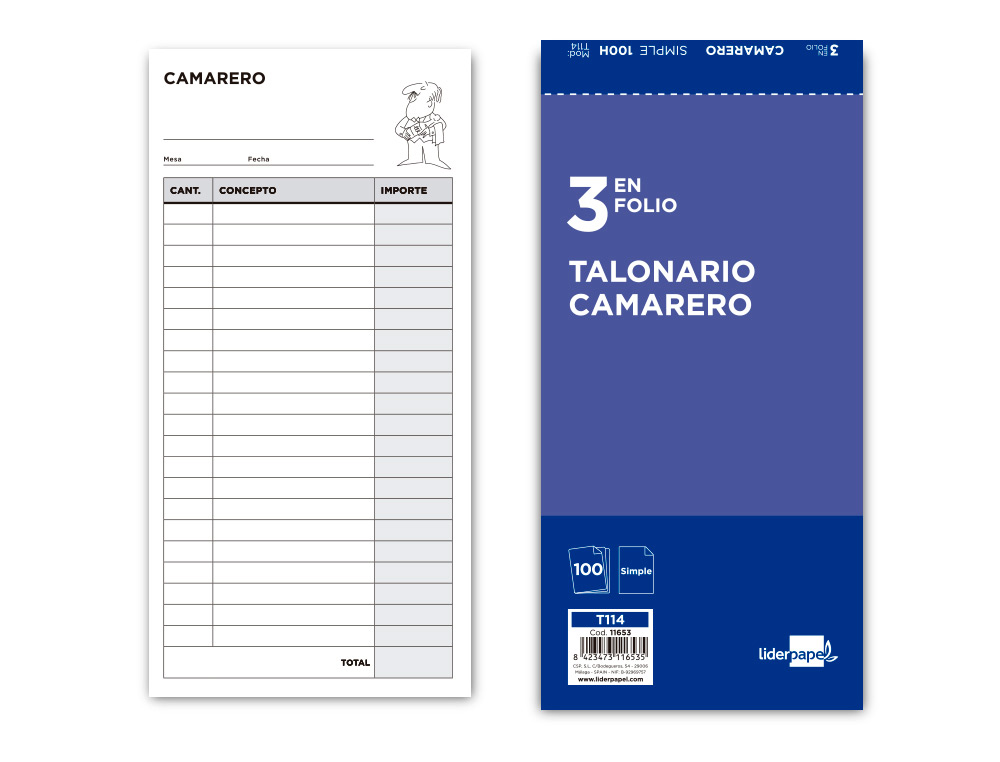 TALONARIO LIDERPAPEL CAMARERO 3/Fº ORIGINAL T114