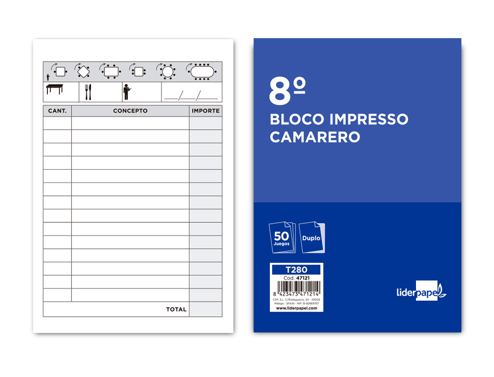 TALONARIO LIDERPAPEL CAMARERO 8º ORIGINAL Y COPIA T280