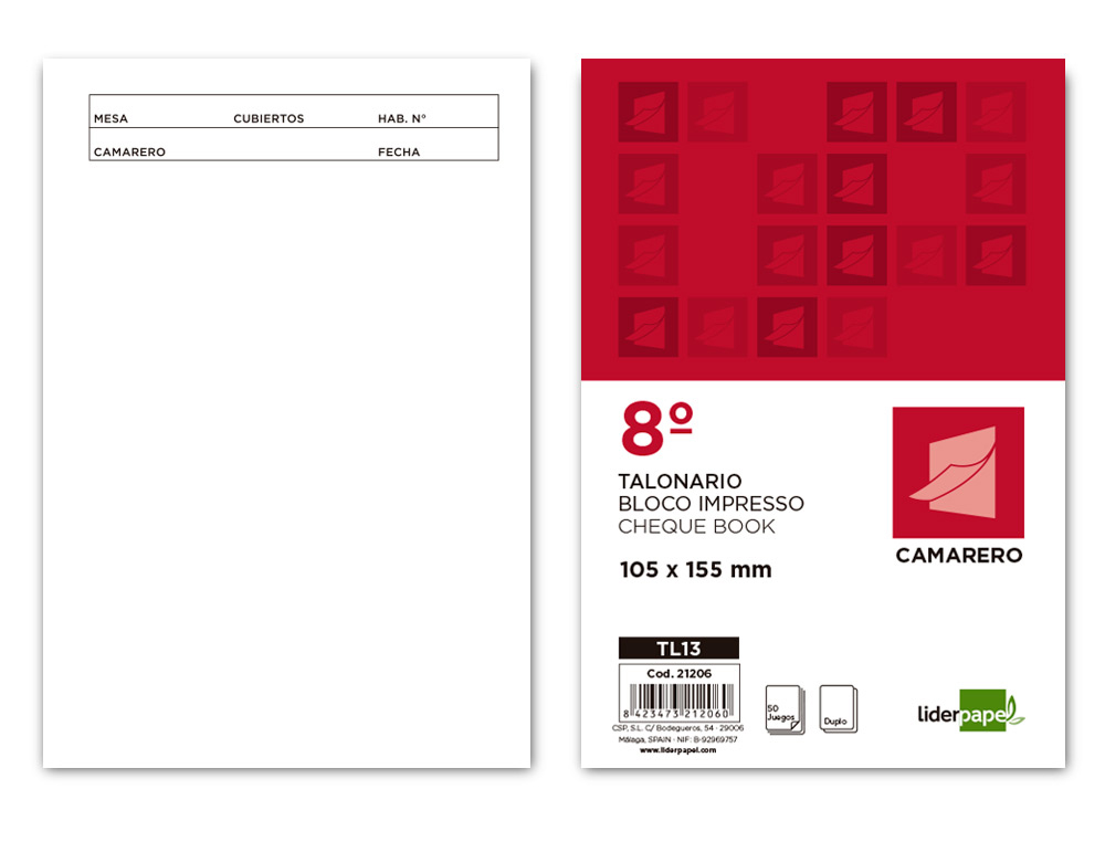 TALONARIO LIDERPAPEL CAMARERO 8º ORIGINAL Y COPIA TL13