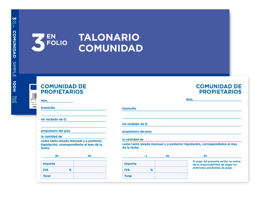 TALONARIO LIDERPAPEL COMUNIDAD TRES EN FOLIO 106 CON IVA