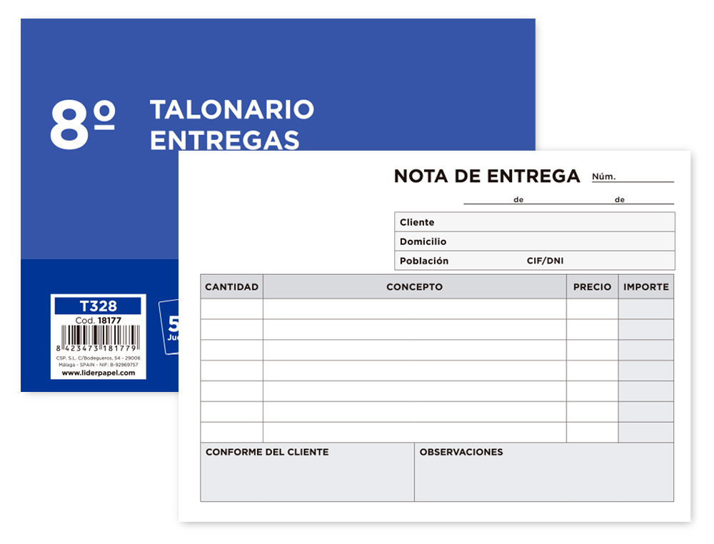 TALONARIO LIDERPAPEL ENTREGAS 8º ORIGINAL Y 2 COPIAS T328 APAISADO