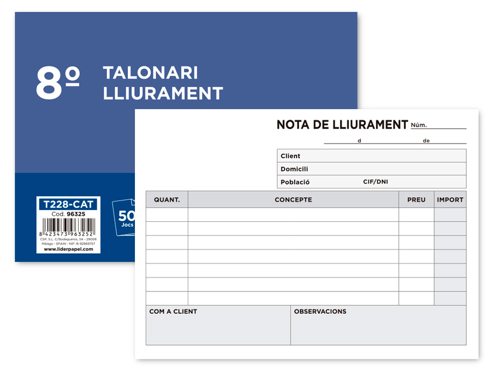 TALONARIO LIDERPAPEL ENTREGAS 8º ORIGINAL Y COPIA T228 APAISADO TEXTO EN CATALAN